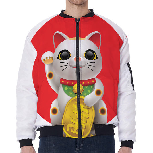 Japanese Lucky Cat Maneki Neko Print Zip Sleeve Bomber Jacket