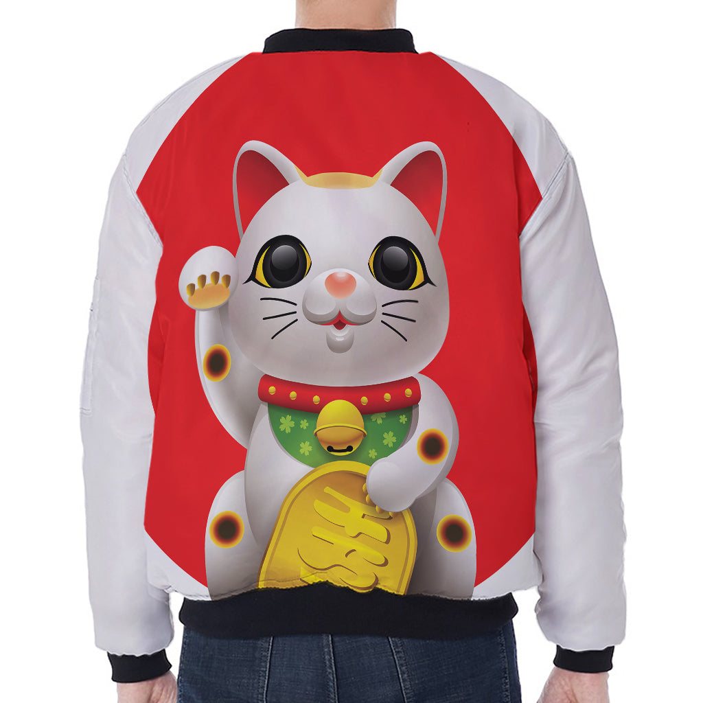 Japanese Lucky Cat Maneki Neko Print Zip Sleeve Bomber Jacket