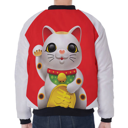 Japanese Lucky Cat Maneki Neko Print Zip Sleeve Bomber Jacket