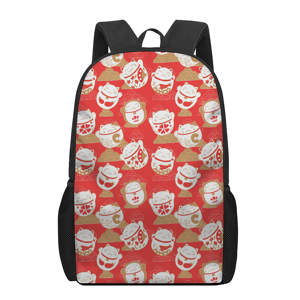 Japanese Lucky Cat Pattern Print 17 Inch Backpack