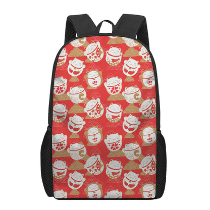 Japanese Lucky Cat Pattern Print 17 Inch Backpack