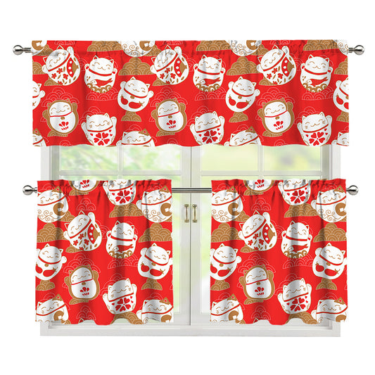Japanese Lucky Cat Pattern Print 3 Piece Kitchen Curtains