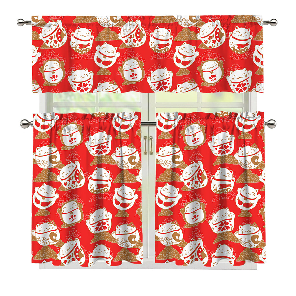 Japanese Lucky Cat Pattern Print 3 Piece Kitchen Curtains