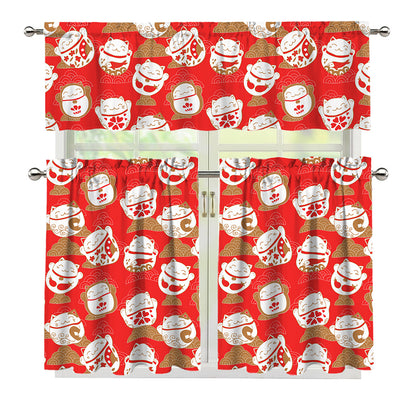Japanese Lucky Cat Pattern Print 3 Piece Kitchen Curtains