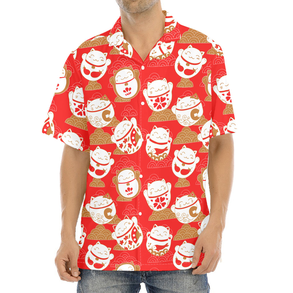 Japanese Lucky Cat Pattern Print Aloha Shirt