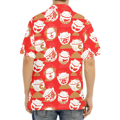 Japanese Lucky Cat Pattern Print Aloha Shirt