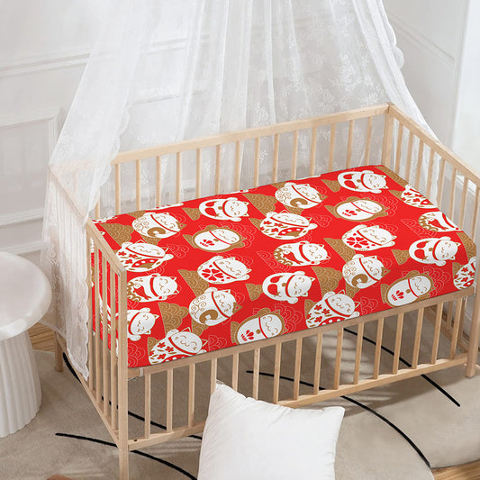 Japanese Lucky Cat Pattern Print Baby Crib Sheet