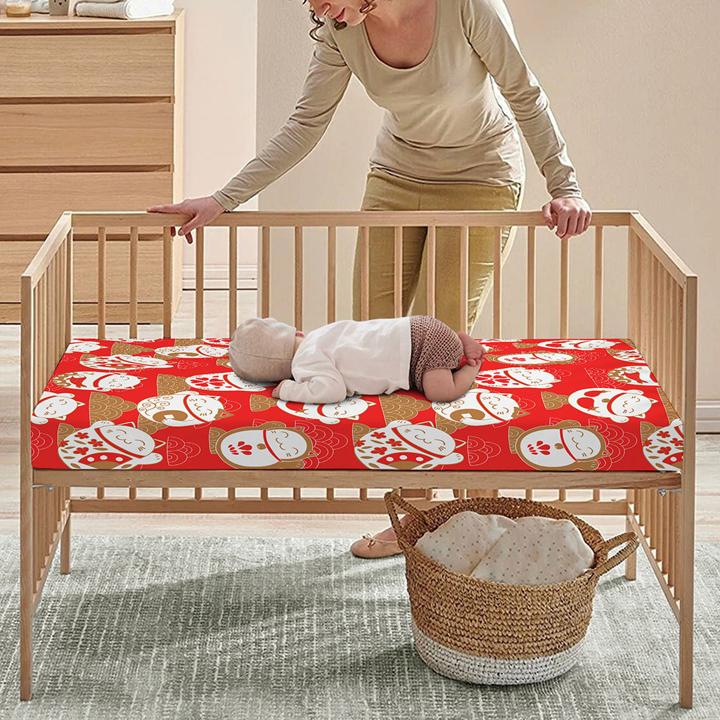 Japanese Lucky Cat Pattern Print Baby Crib Sheet