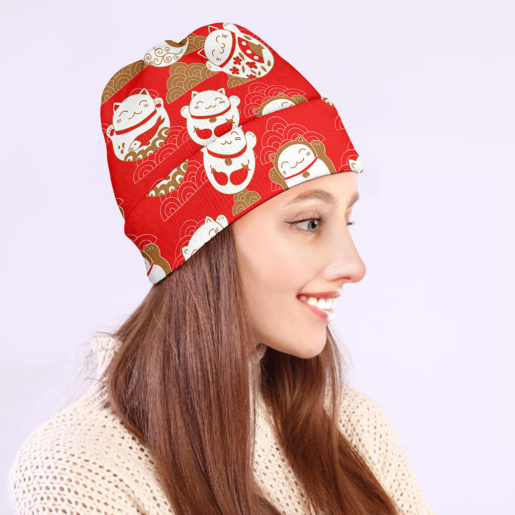 Japanese Lucky Cat Pattern Print Beanie