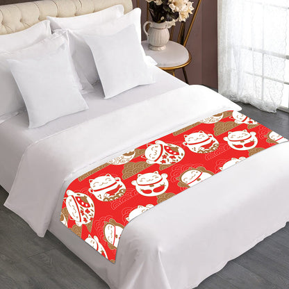 Japanese Lucky Cat Pattern Print Bed Runner
