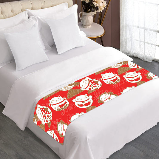 Japanese Lucky Cat Pattern Print Bed Runner