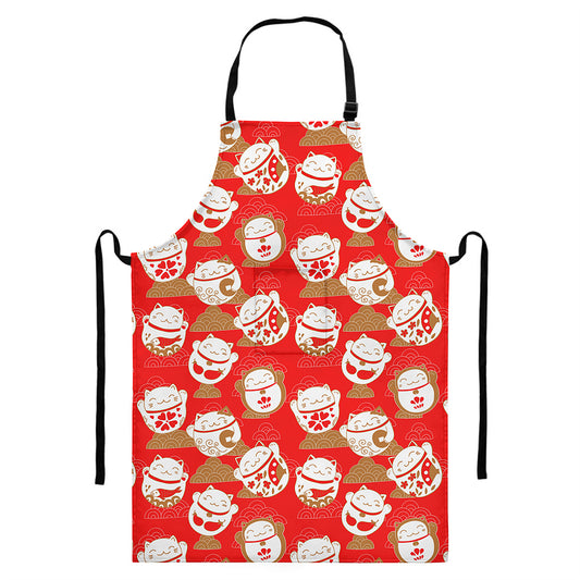 Japanese Lucky Cat Pattern Print Bib Apron With Pocket