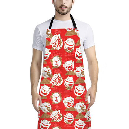 Japanese Lucky Cat Pattern Print Bib Apron With Pocket