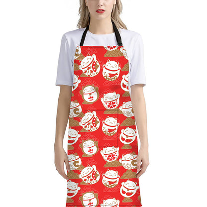 Japanese Lucky Cat Pattern Print Bib Apron With Pocket