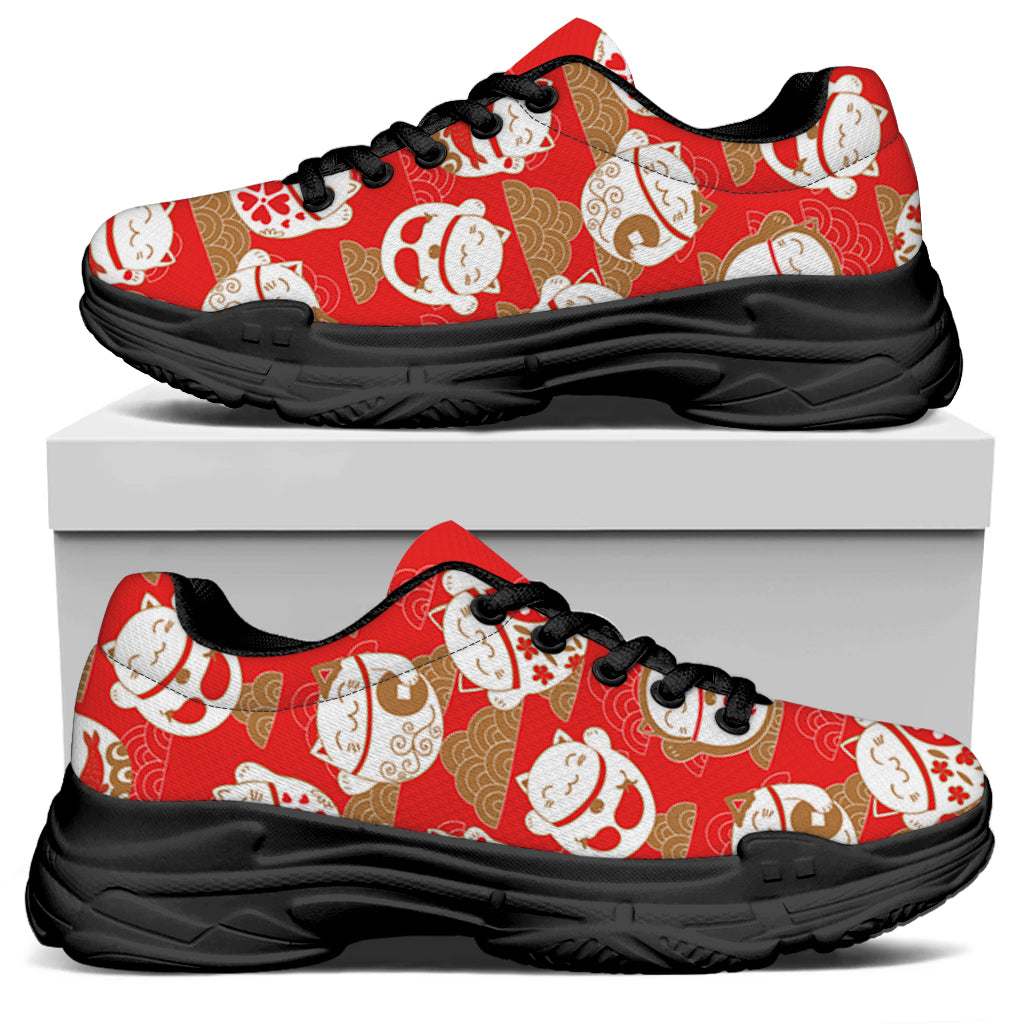 Japanese Lucky Cat Pattern Print Black Chunky Shoes