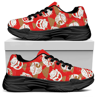 Japanese Lucky Cat Pattern Print Black Chunky Shoes