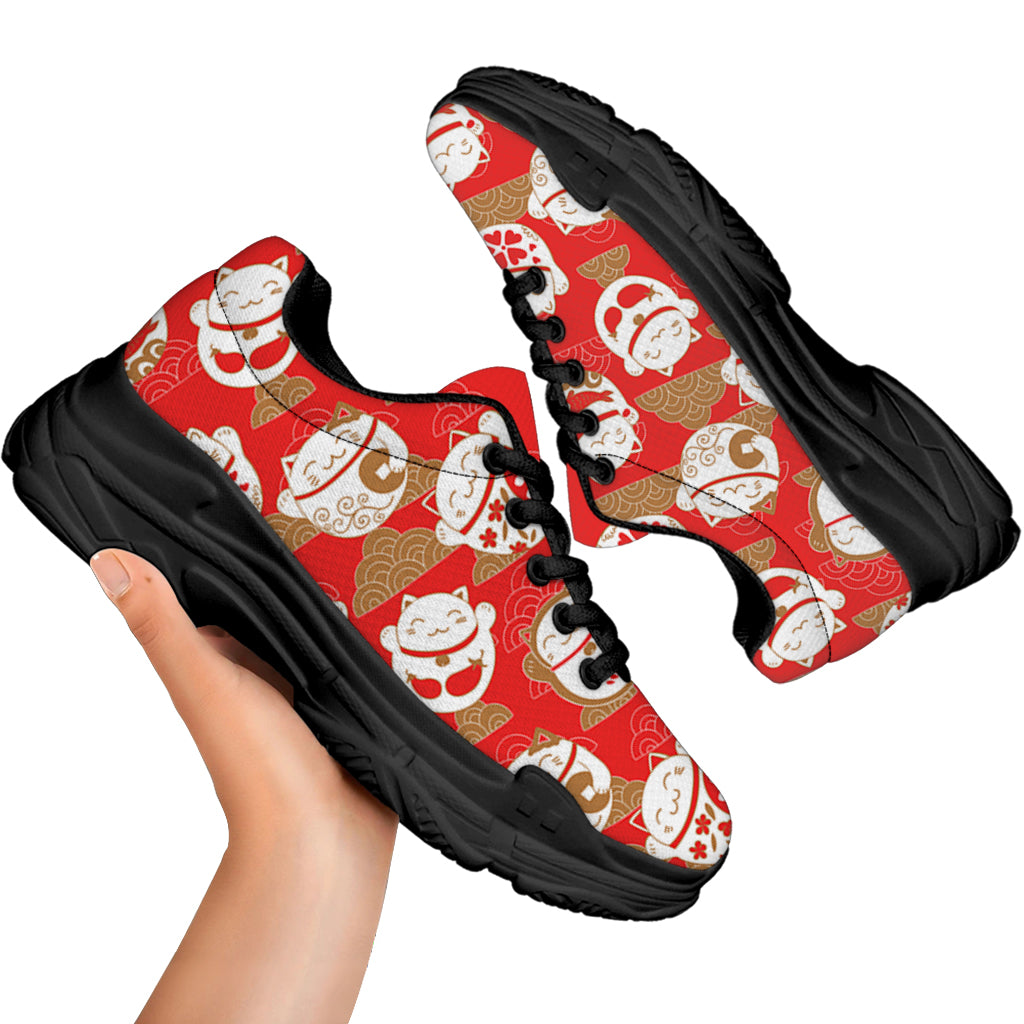 Japanese Lucky Cat Pattern Print Black Chunky Shoes