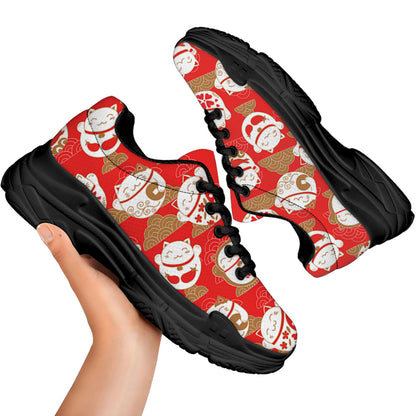 Japanese Lucky Cat Pattern Print Black Chunky Shoes