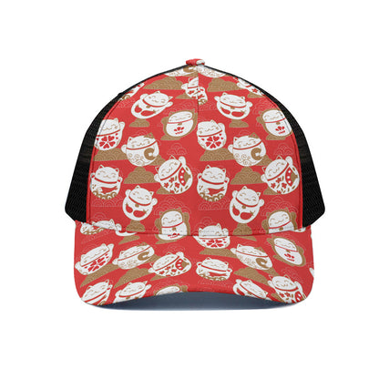 Japanese Lucky Cat Pattern Print Black Mesh Trucker Cap