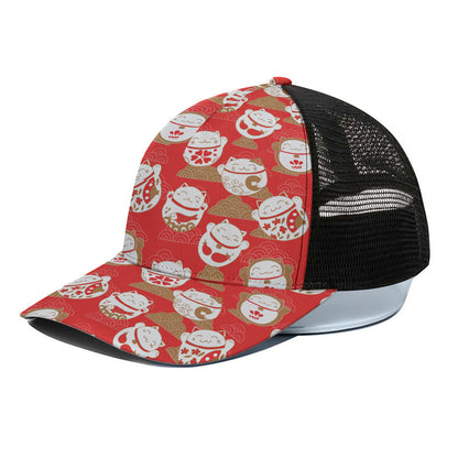 Japanese Lucky Cat Pattern Print Black Mesh Trucker Cap