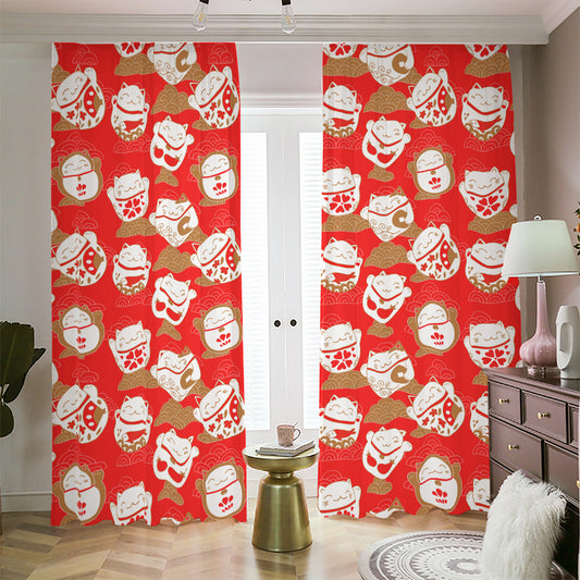 Japanese Lucky Cat Pattern Print Blackout Pencil Pleat Curtains