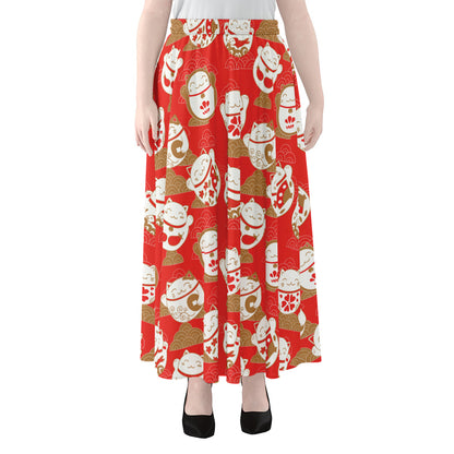 Japanese Lucky Cat Pattern Print Chiffon Maxi Skirt