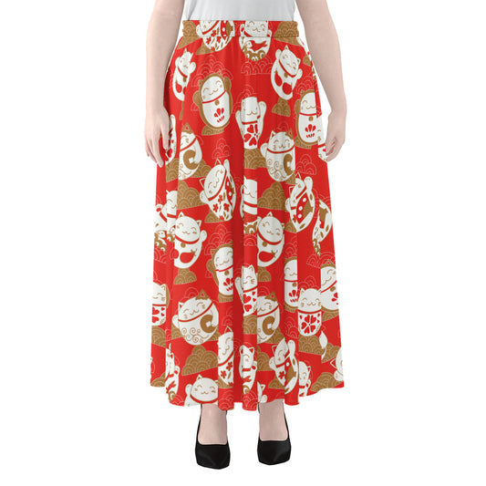 Japanese Lucky Cat Pattern Print Chiffon Maxi Skirt