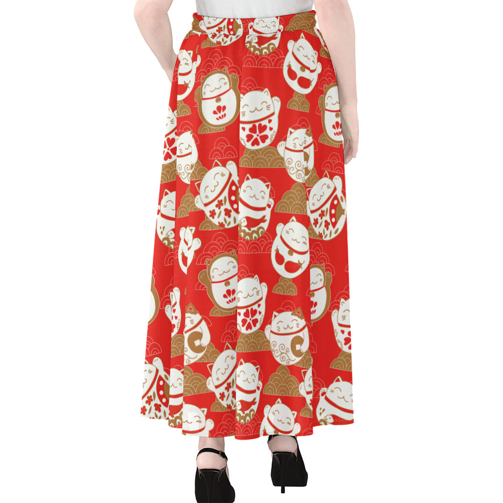 Japanese Lucky Cat Pattern Print Chiffon Maxi Skirt