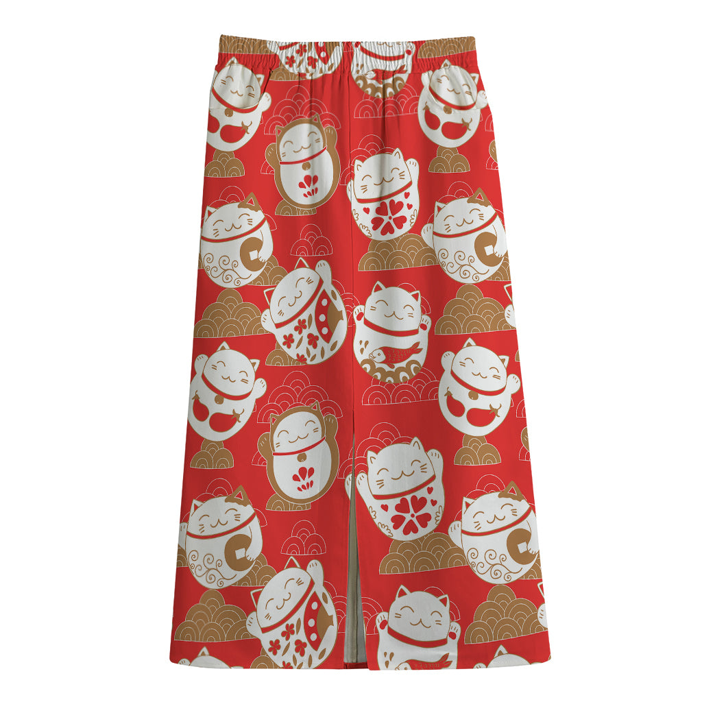 Japanese Lucky Cat Pattern Print Cotton Front Slit Maxi Skirt