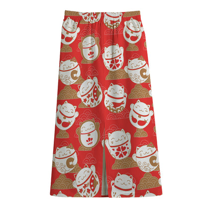 Japanese Lucky Cat Pattern Print Cotton Front Slit Maxi Skirt
