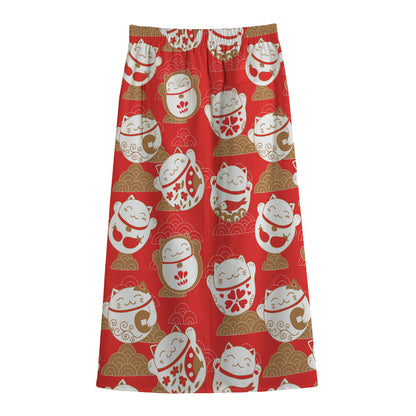 Japanese Lucky Cat Pattern Print Cotton Front Slit Maxi Skirt