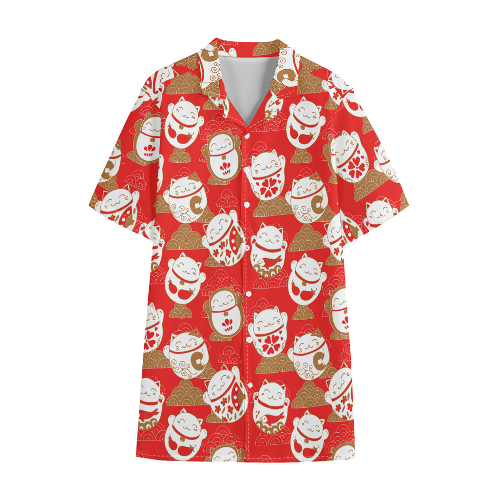 Japanese Lucky Cat Pattern Print Cotton Hawaiian Shirt