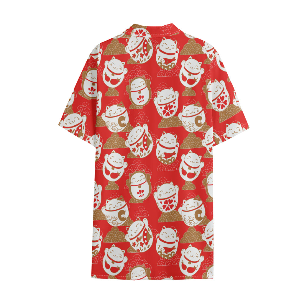 Japanese Lucky Cat Pattern Print Cotton Hawaiian Shirt