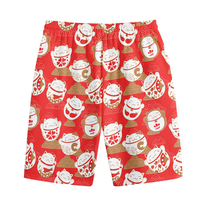 Japanese Lucky Cat Pattern Print Cotton Shorts