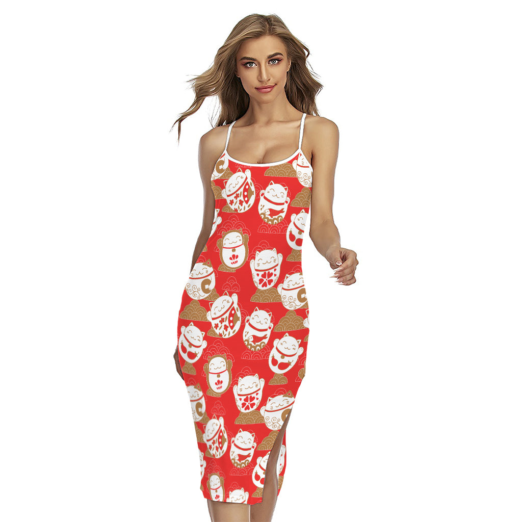 Japanese Lucky Cat Pattern Print Cross Back Cami Dress