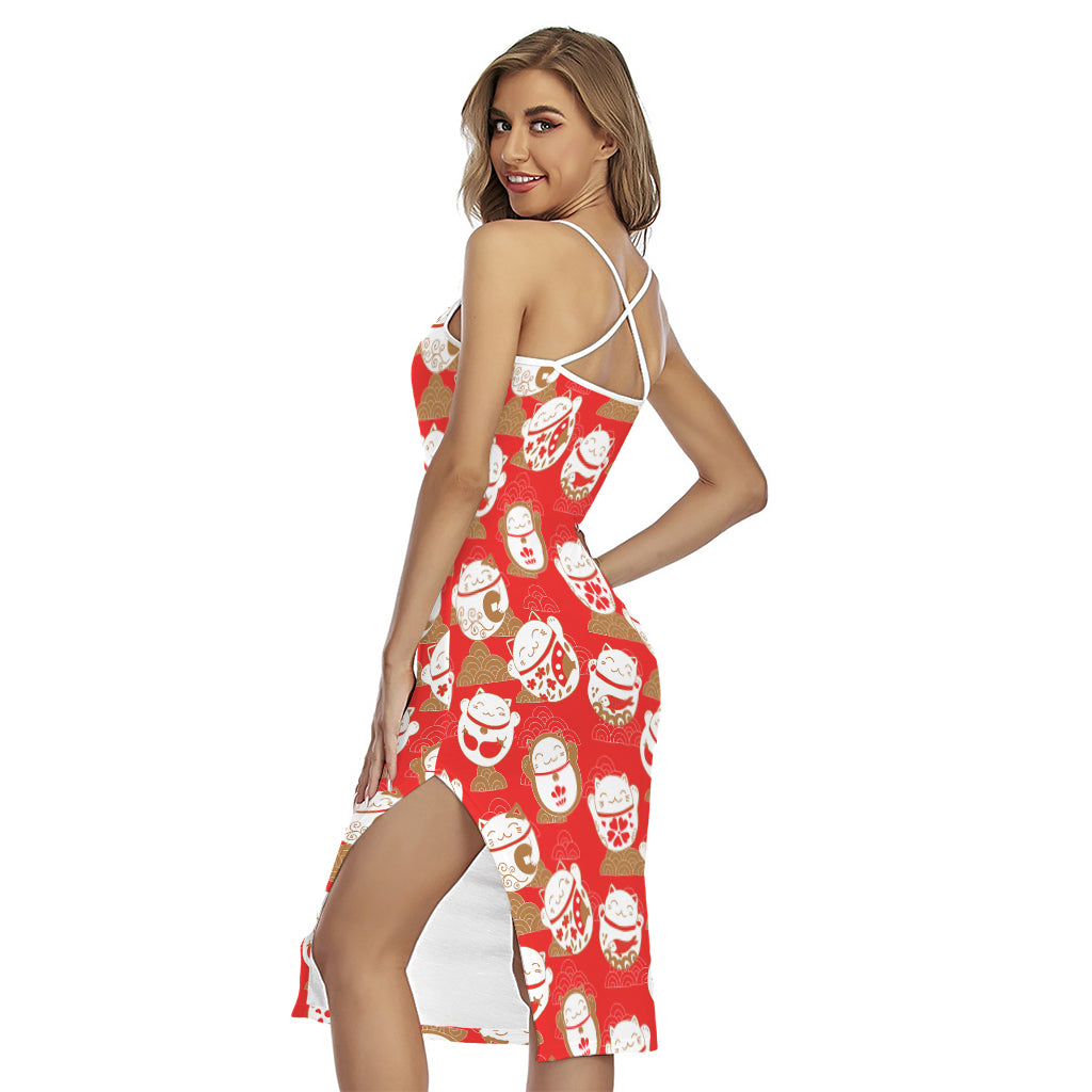 Japanese Lucky Cat Pattern Print Cross Back Cami Dress