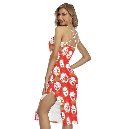 Japanese Lucky Cat Pattern Print Cross Back Cami Dress