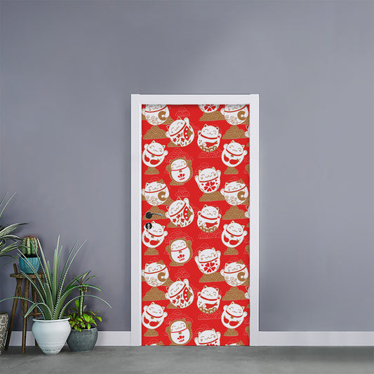Japanese Lucky Cat Pattern Print Door Sticker