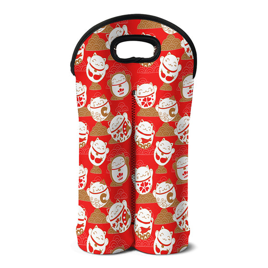 Japanese Lucky Cat Pattern Print Double Neoprene Wine Tote