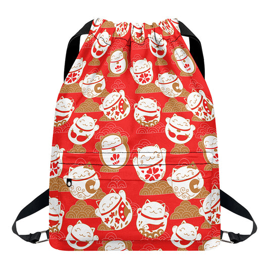 Japanese Lucky Cat Pattern Print Drawstring Backpack