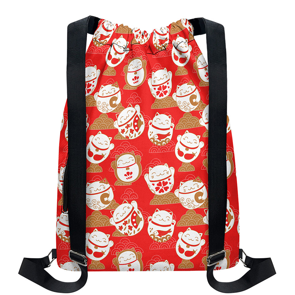 Japanese Lucky Cat Pattern Print Drawstring Backpack