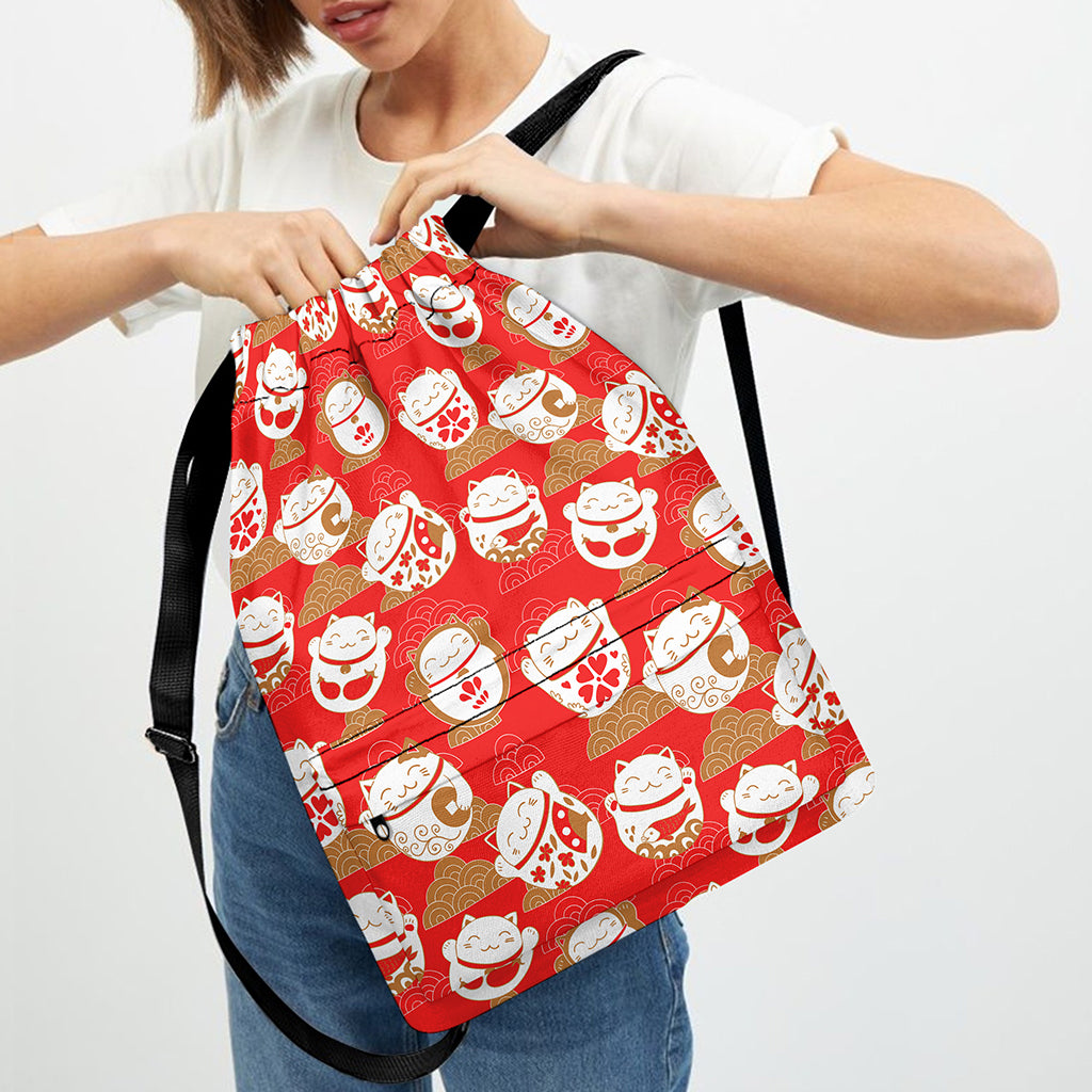Japanese Lucky Cat Pattern Print Drawstring Backpack