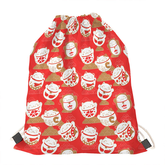 Japanese Lucky Cat Pattern Print Drawstring Bag