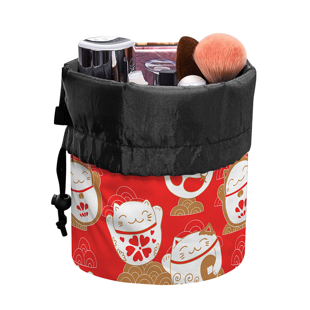 Japanese Lucky Cat Pattern Print Drawstring Makeup Bag