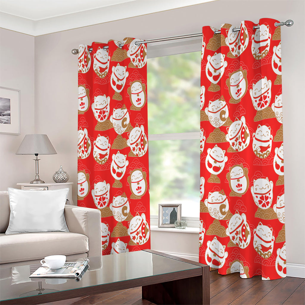 Japanese Lucky Cat Pattern Print Extra Wide Grommet Curtains