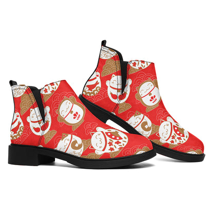 Japanese Lucky Cat Pattern Print Flat Ankle Boots