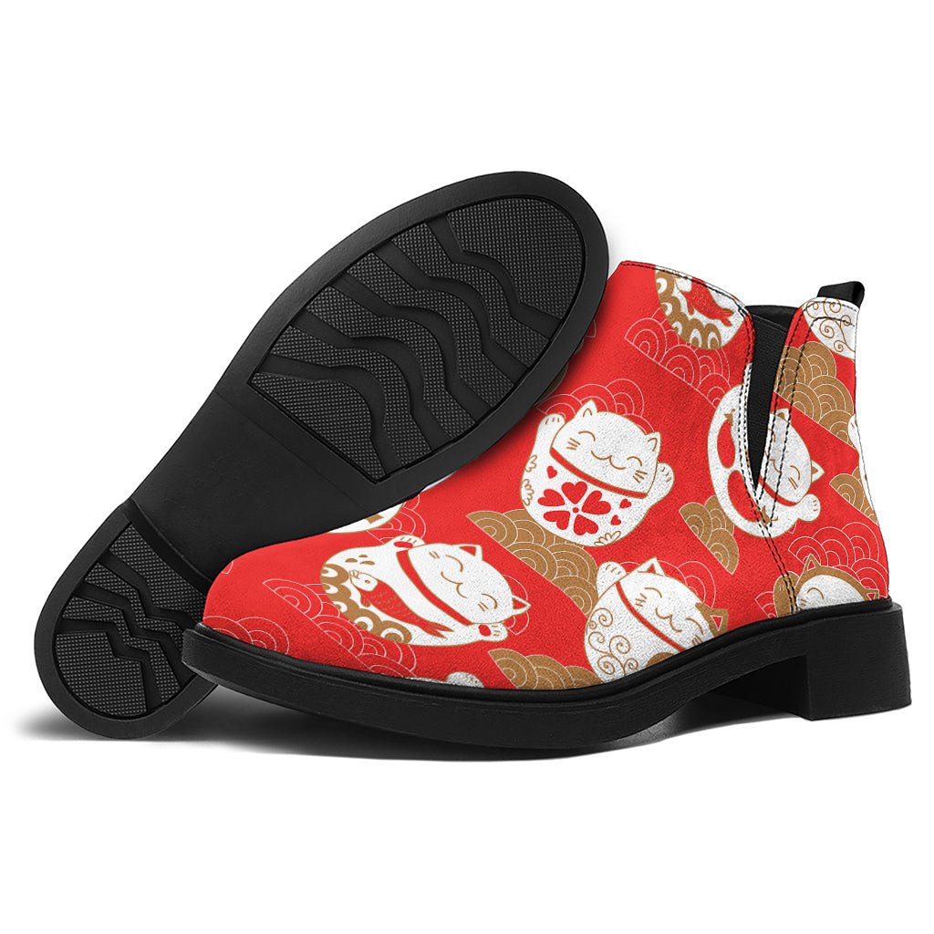 Japanese Lucky Cat Pattern Print Flat Ankle Boots