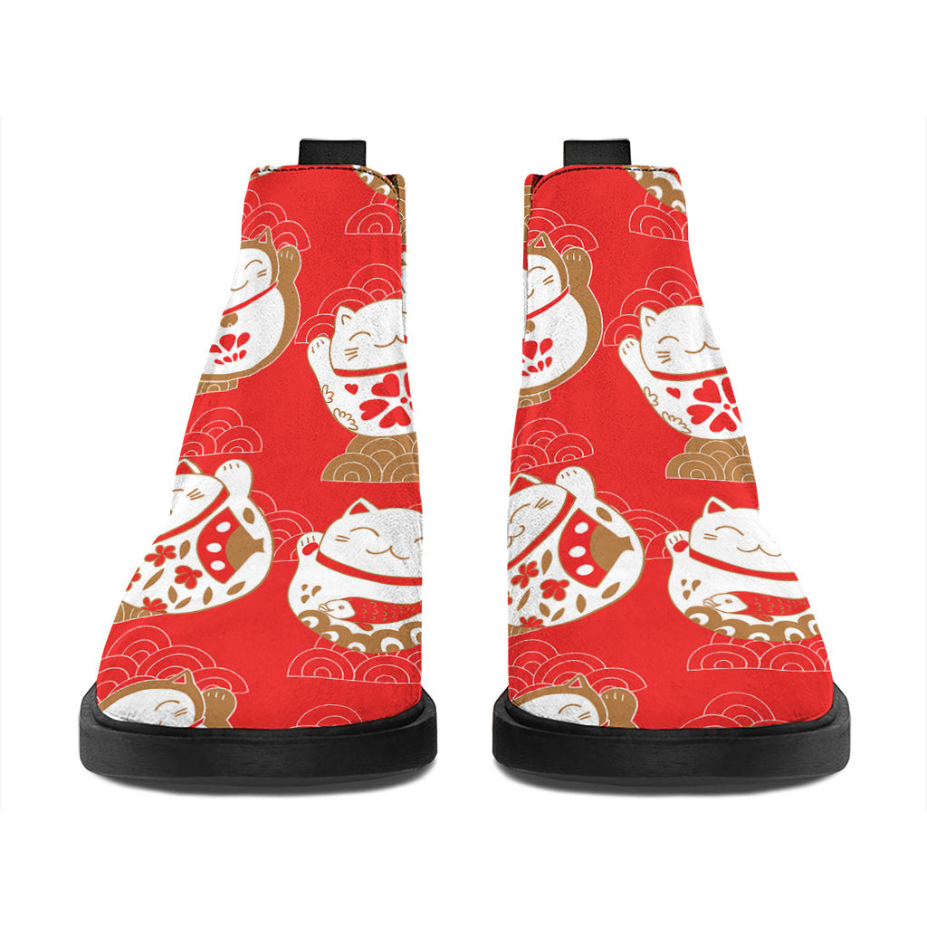 Japanese Lucky Cat Pattern Print Flat Ankle Boots