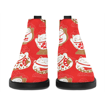 Japanese Lucky Cat Pattern Print Flat Ankle Boots