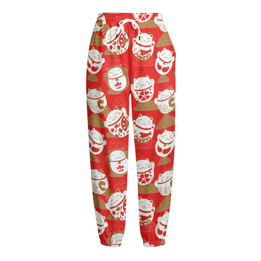 Japanese Lucky Cat Pattern Print Fleece Lined Knit Pants
